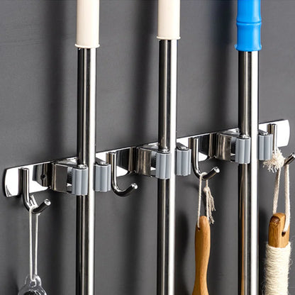 Soporte para escoba, soporte de pared para fregona, organizador de acero inoxidable, gancho de almacenamiento, accesorios de organización para cocina y baño
