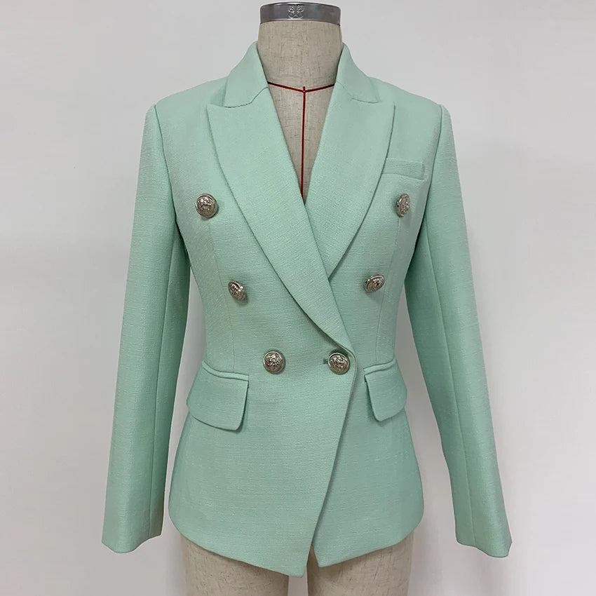 Lioness Luxe™ – Double-Breasted Mint Blazer with Baroque Details