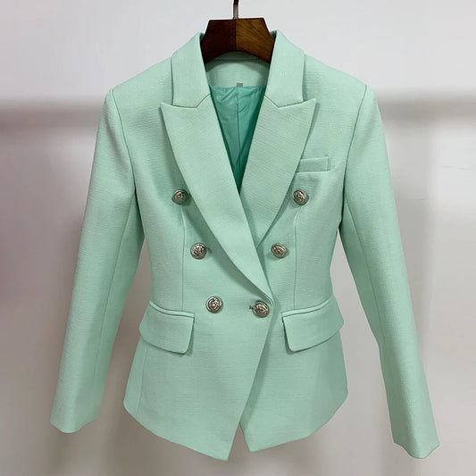 Lioness Luxe™ – Double-Breasted Mint Blazer with Baroque Details