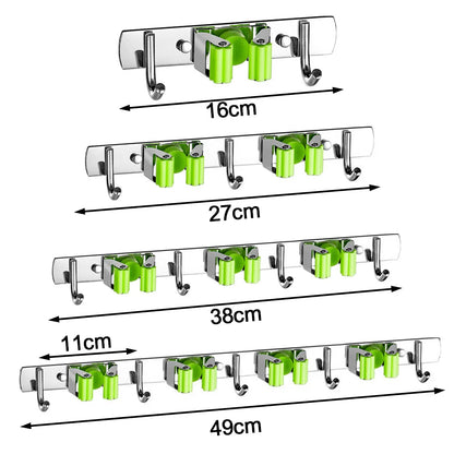 Soporte para escoba, soporte de pared para fregona, organizador de acero inoxidable, gancho de almacenamiento, accesorios de organización para cocina y baño